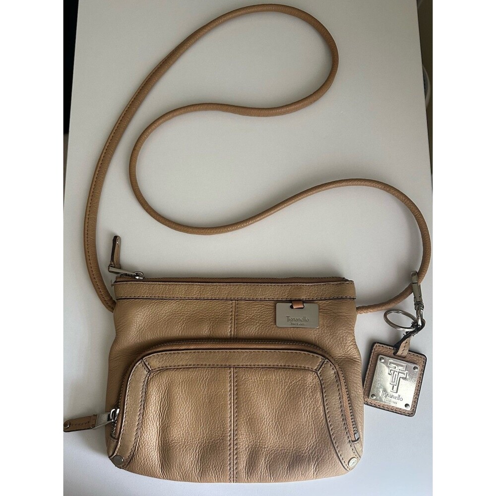 Tignanello Tan Leather Crossbody Bag Purse Zip Pockets Keychain EUC VTG Y2K